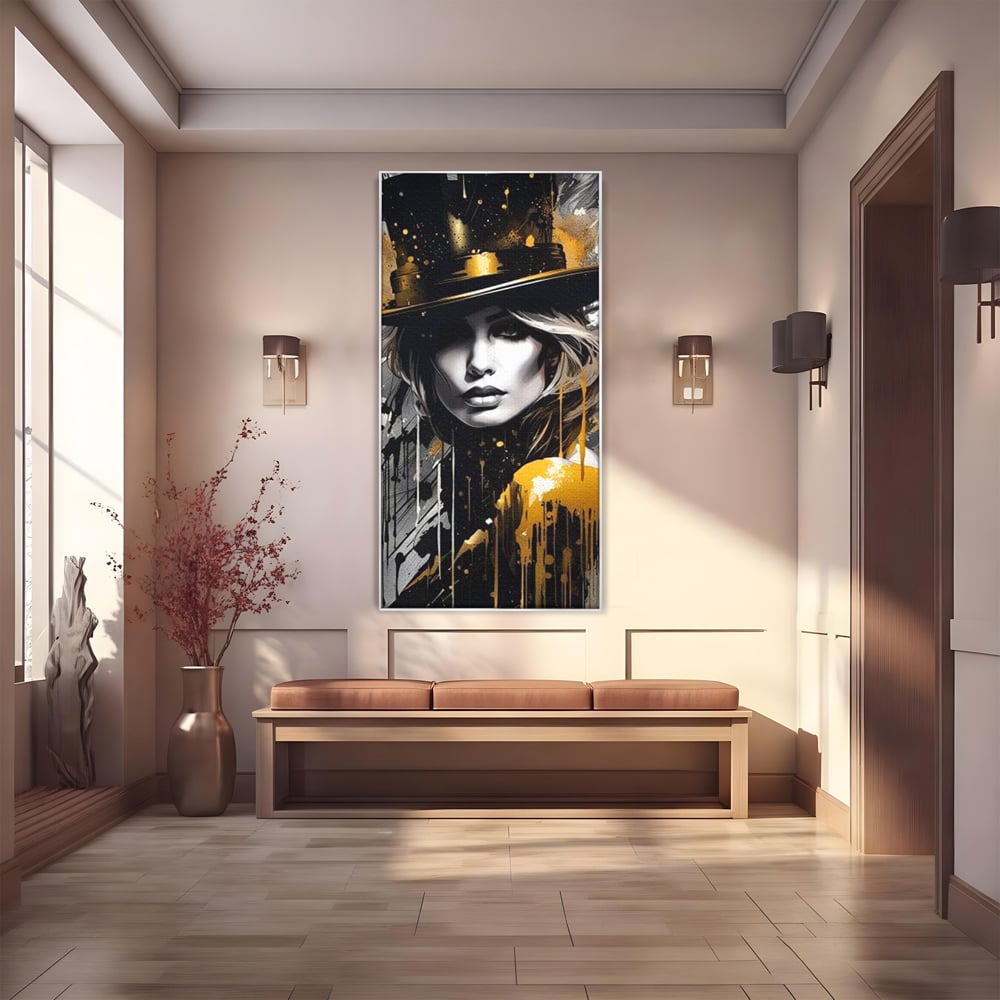 Tablou canvas cu tablou canvas cu portret de femeie cu joben, in rama de aluminiu argintiu